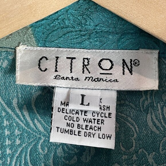 Citron Santa Monica Womens Large Teal 100% Silk Asian Fan Print Button Up Blouse - Picture 4 of 13